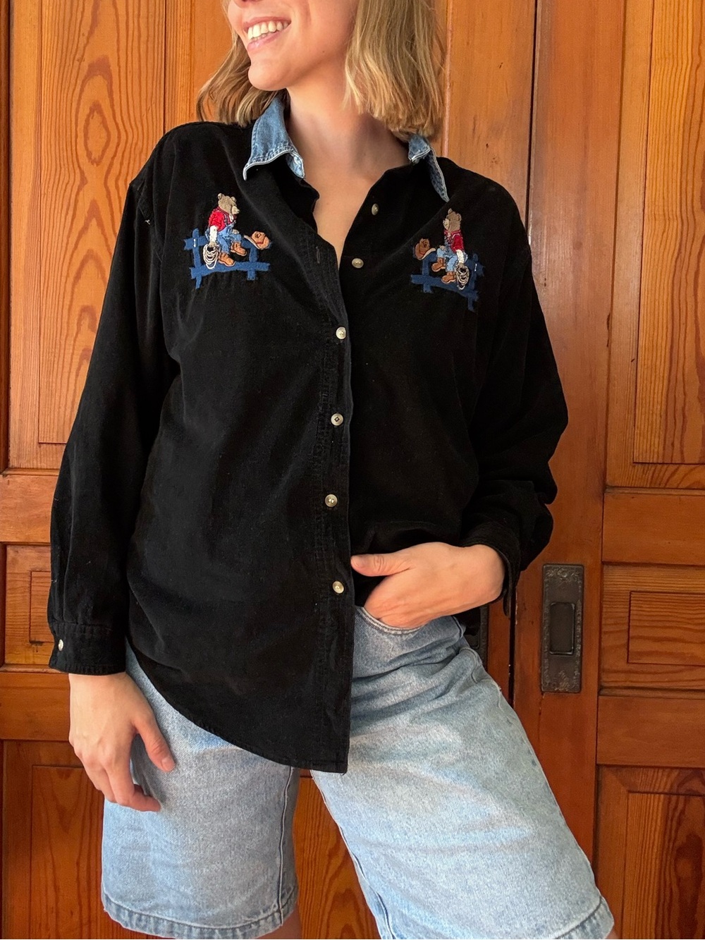 Western Corduroy Embroidered Button-Up Women's Top